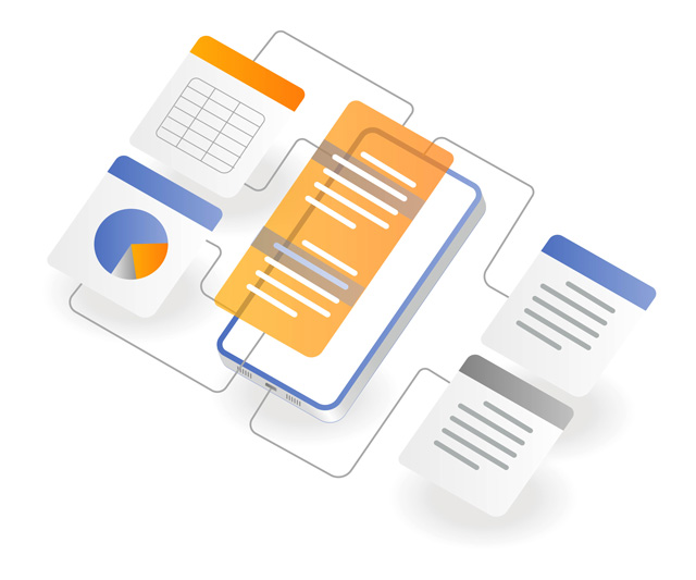 Auf einem gezeichneten Smartphone werden virtuell verschiedene Datenelemente gezeigt. Das Bild soll die Antragserstellung für die digitale Baugenehmigung vereinfacht darstellen.