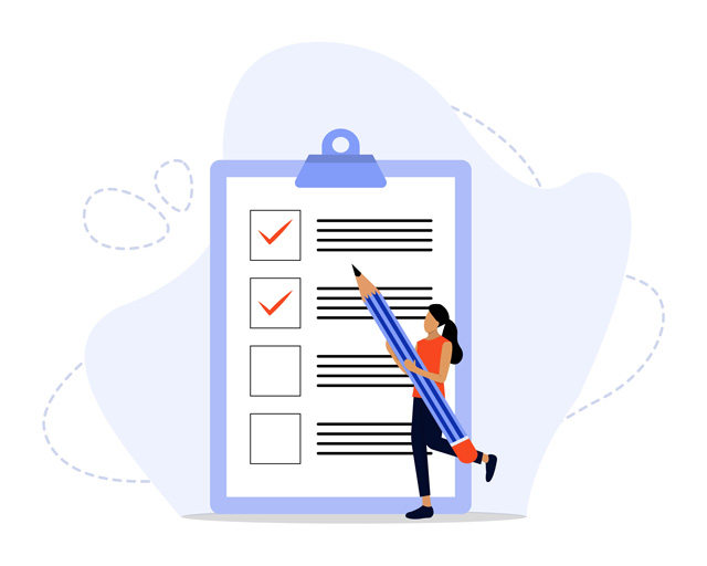 Eine Checkliste mit ankreuzbaren Feldern. Eine Frau im Comic Stil kreuzt Felder mit einem überdimensionalen Bleistift an. Das Bild steht symbolisch für die Checkliste für die digitale Baugenehmigung.