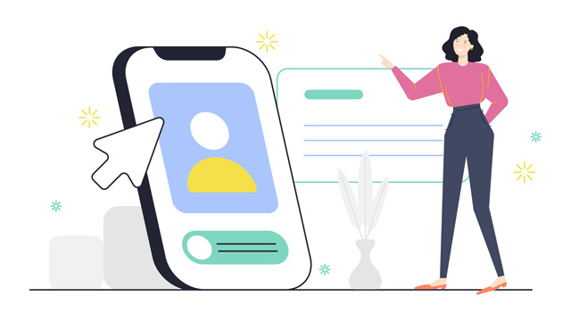 Eine Frau im Comic Stil zeigt auf ein Smartphone. Dort ist ein Avatar abgebildet. Das Bild steht für die Registrierung der digitalen Baugenehmigung.