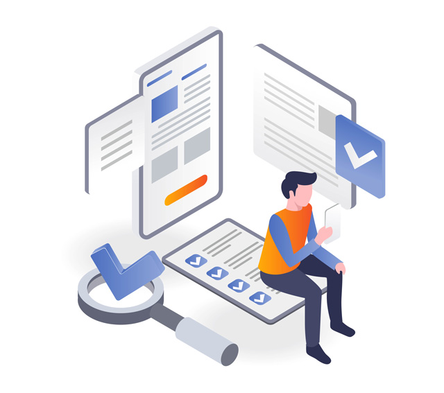 Ein Mensch im Comic Stil sitzt auf einer virtuellen Checkliste. Neben ihm ist eine Lupe mit einem Häckchen abgebildet. Neben ihm ist virtuell eine abgehakte Liste zu sehen. Das Bild steht für das einfache Einreichen der digitalen Baugenehmigung.