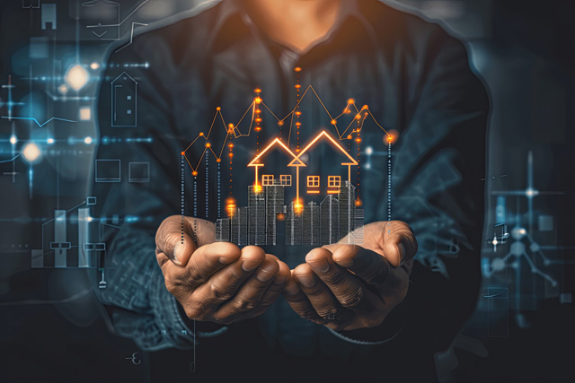 Ein Mann im Business-Hemd hält eine virtuelle Version eines Hauses in der Hand. Das Bild steht für die Innovation der digitalen Baugenehmigung.