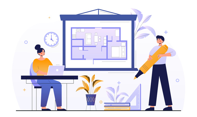 Eine Frau und ein Mann im Comic Stil stehen um eine Tafel mit einem Bauplan. Die Frau sitzt am Laptopt. Der Mann hält einen großen Stift in der Hand. Das Bild soll die Beteiligten an der digitalen Baugenehmigung darstellen.