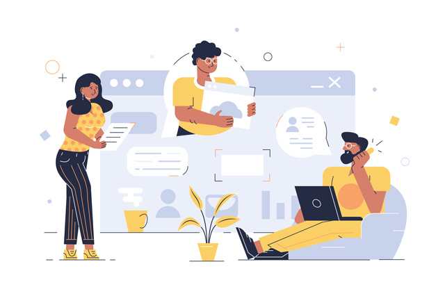 Drei Personen im Comic Stil arbeiten gemeinsam an einem Projekt. Das Bild steht symbolisch für die gemeinsame Arbeit an einem digitalen Bauantrag.